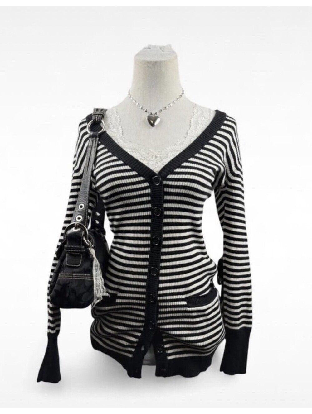 VTG Love by Design Black White Striped Button Cardigan M Y2K